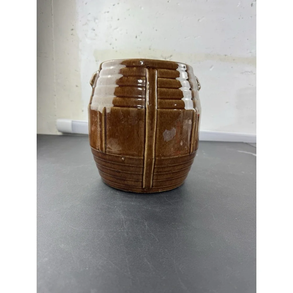 Vintage Ceramic Brown Barrel Cookie Jar Kitchen‎ Craft Storage no lid